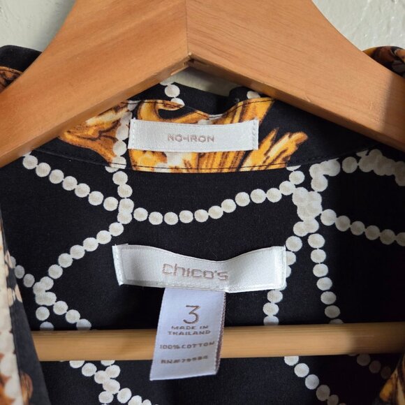 Chico's No Iron Printed Button Up Top Black/Gold Size XL 100% Cotton Long Sleeve - Picture 2 of 9